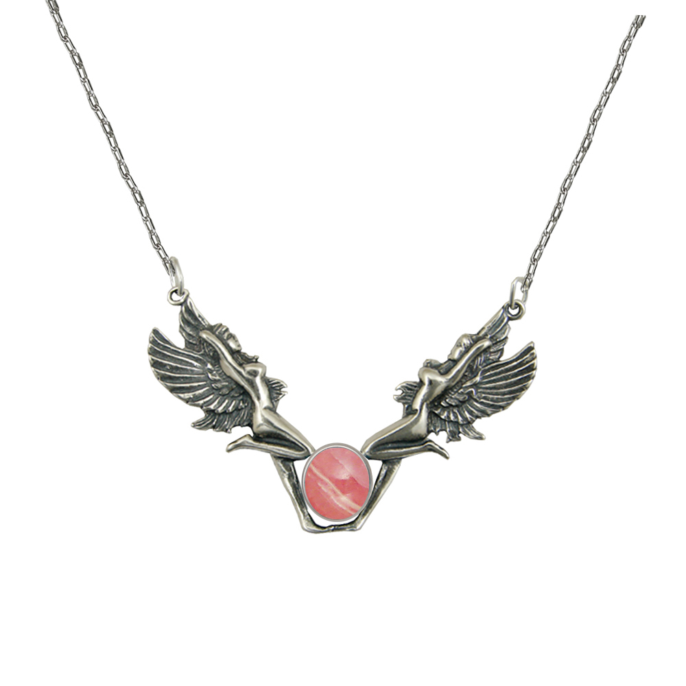 Sterling Silver Double Fairies Necklace With Rhodocrosite